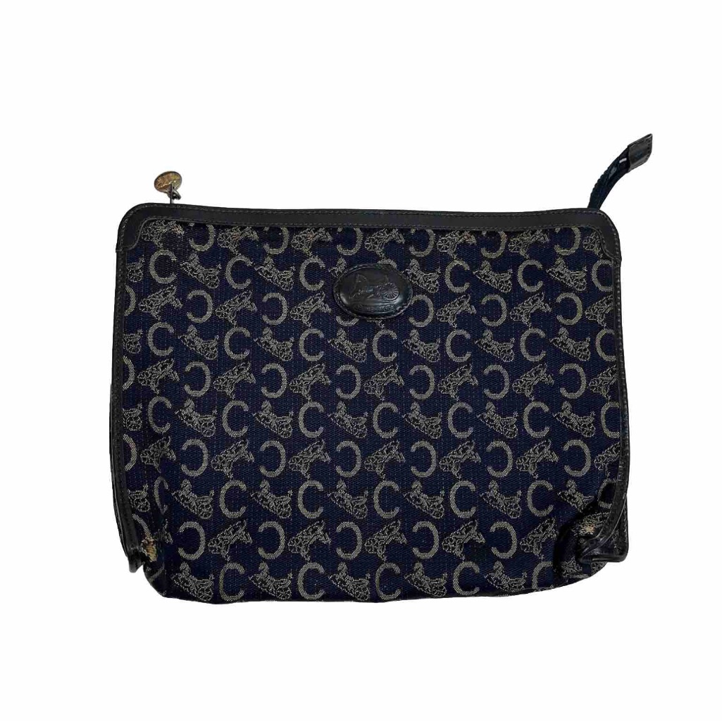 Celine Clutch Bag C Macadam Blue Logo Carriage Cloth Nylon Leather Purse